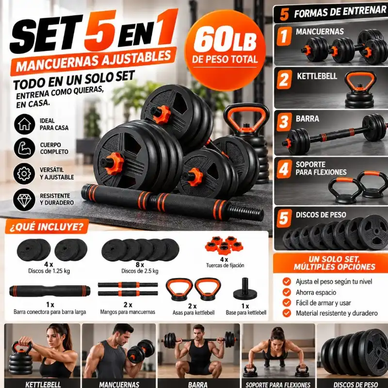 Set de Mancuernas Ajustables 5 en 1 de 60 LB – Set Multifuncional de Pesas para Gimnasio en Casa – Mancuernas, Barra, Kettlebell, Soporte para Flexiones y Discos