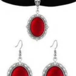 Juego de aretes y collar negro piedra roja
