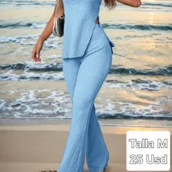 Juego Largo de blusa y pantalón Casual Azul Celeste