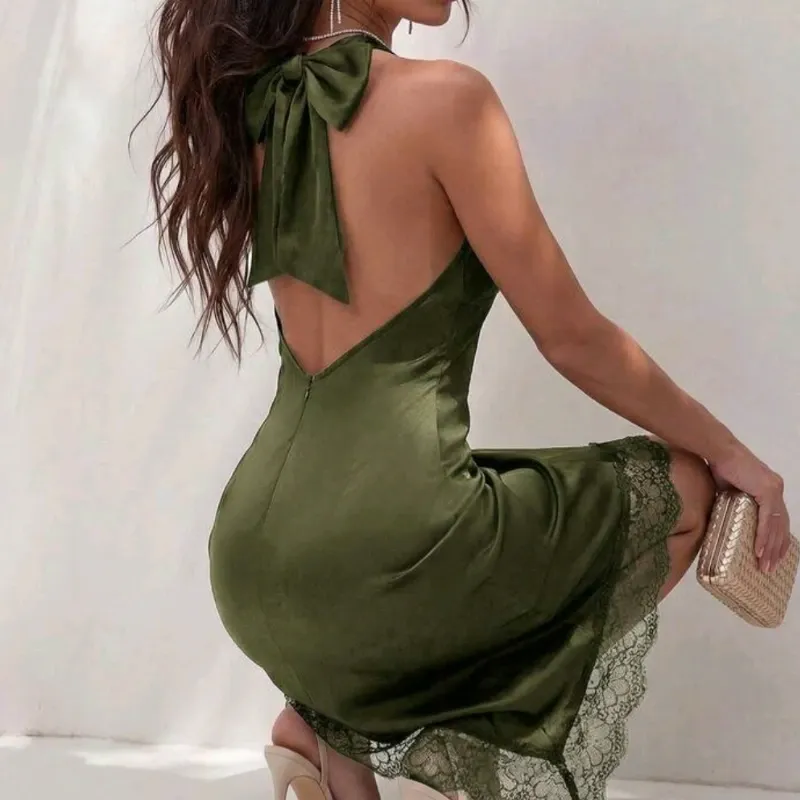 Vestido Satinado color verde aceituna 