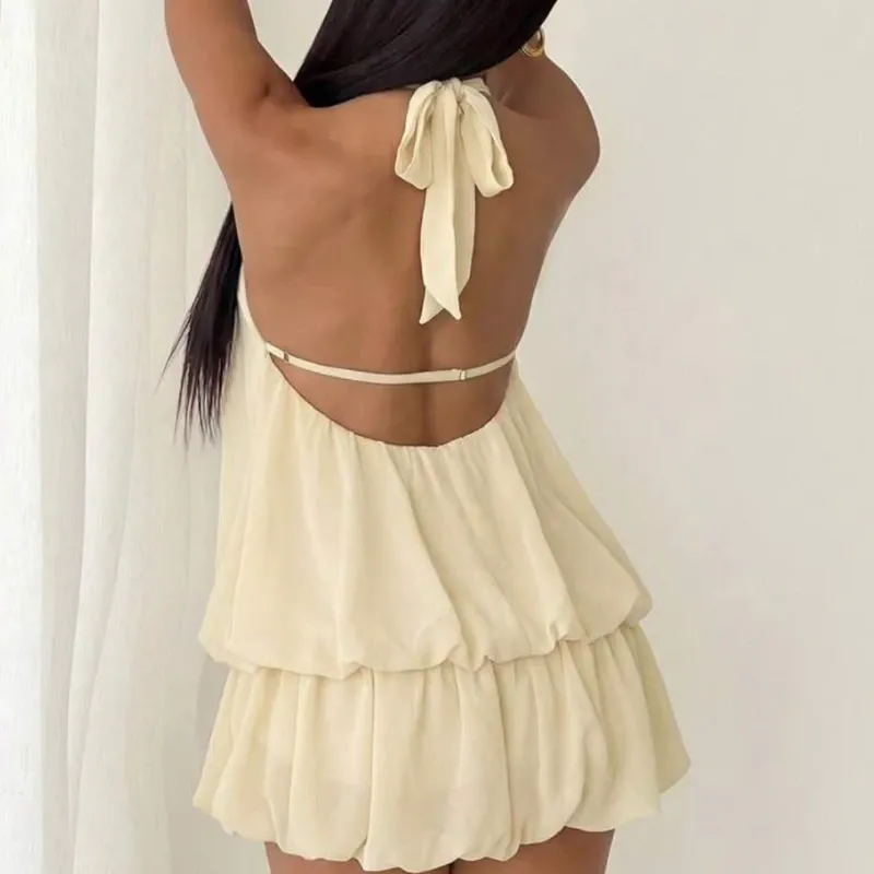 Vestido bombache color beige amarre al cuello