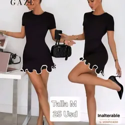 Vestido de mangas con bordes ondeados color negro y filo blanco