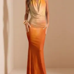 Vestido largocolor naranja cuello caido y espalda descubierta