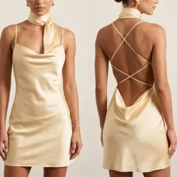Vestido zatinado espalda cruzada bufanda en el cuello