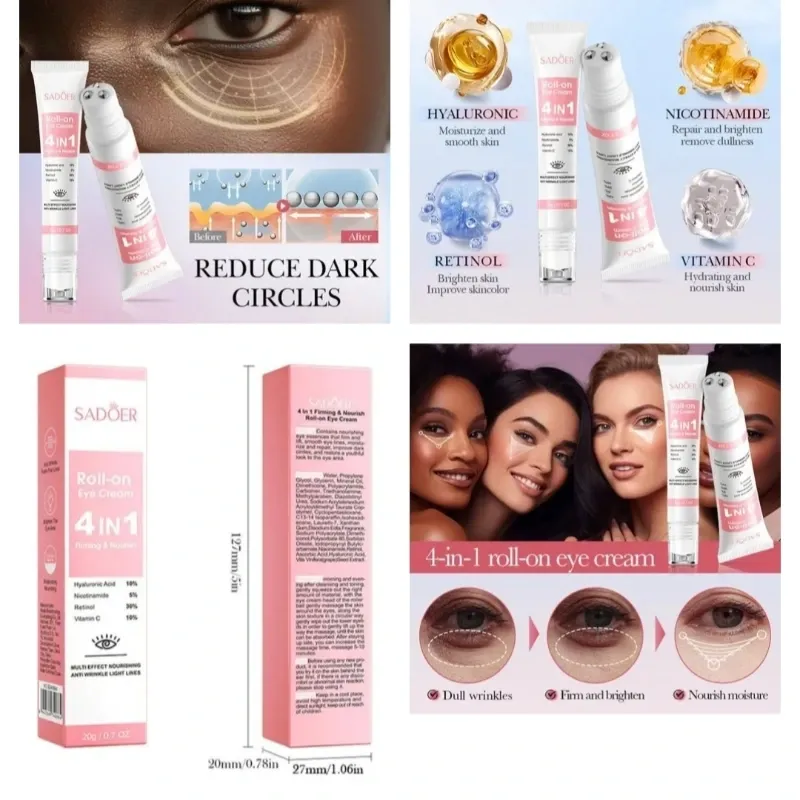 Crema para contorno de ojos 4 en 1 de Sadöer con aplicador roll-on 💗