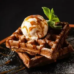 Wafles con helado y leche condensada
