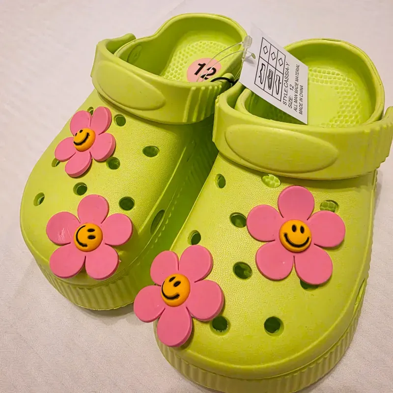 Pink Flower Green Crocs 