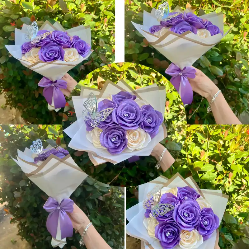 Ramo de rosas moradas y color crema , con accesorios de diamantes 