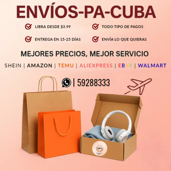 • Conoce todo lo que ofrecemos para ti en ⭐ENVÍOS-PA-CUBA⭐

🛒 Obtén artículos a precios inmejorables:
• Ventiladores recargables 
• Lámparas y luces led
• Fuentes de energía ( powerbanks, paneles solares, estaciones de energía, etc)

🛍️📱Compra en Shein, Temu, Amazon, AliExpress, eBay, Walmart, o cualquier otra tienda de E.U, nosotros hacemos todo el proceso por ti y lo ponemos en tu casa al mejor precio!

✓ Solo $6.99/libra + rebajas en +10 artículos 
✓ Sin costos ni añadientes a tu compra, solo el precio de artículo en la tienda + el peso
✓ Entrega en 15-25 días hábiles
✓ Compra en cualquier tienda que desees no solo las mencionadas
✓ Obtén ofertas y rebajas por fechas especiales


💳PAGOS
🇨🇺CUP  (efectivo/transferencia)
💵USD  (efectivo/Zelle, PayPal, etc)
💳MLC
💶EURO
🇨🇦CANADIENSE
🪙👛CRITPOMONEDAS

