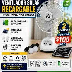 Ventilador Solar Recargable con Panel Solar + Bombillos LED