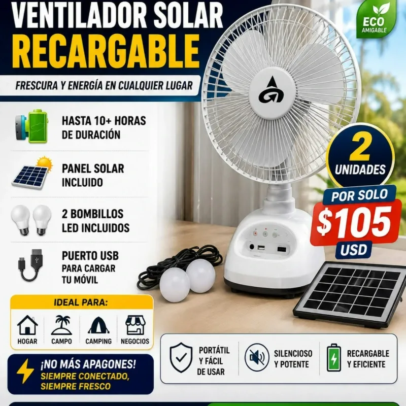 Ventilador Solar Recargable con Panel Solar + Bombillos LED