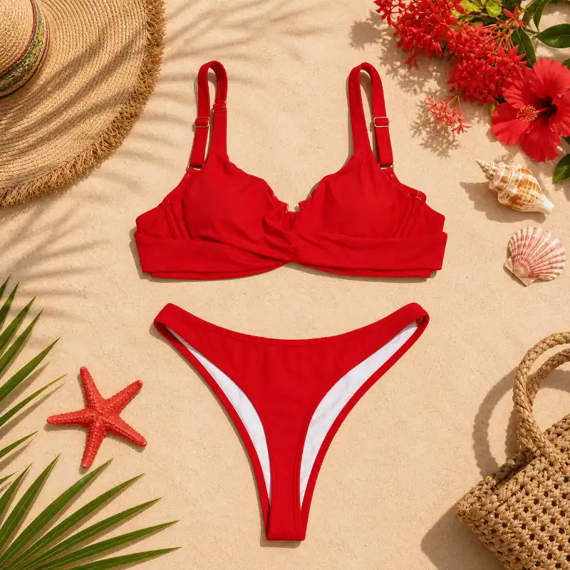 Bikini estilo tanga de corte alto cruzado adelante color rojo