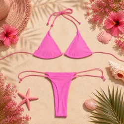 Bikini minimalista liso estilo tanga ROSADO
