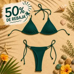 Bikini minimalista liso estilo tanga VERDE