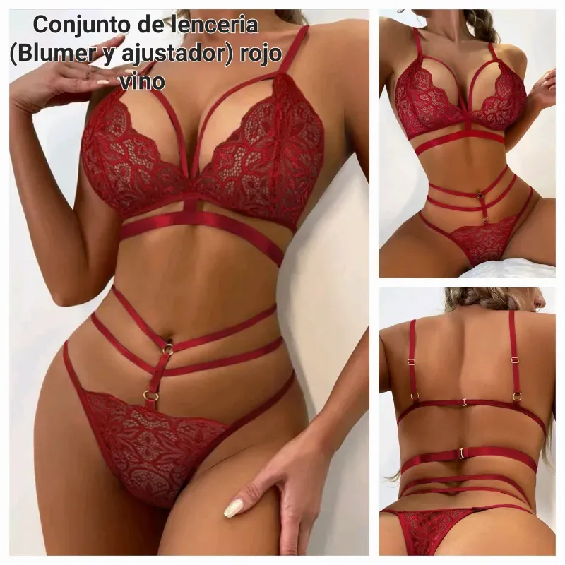 Conjunto de lencería (Blumer y ajustador) (Rojo vino)