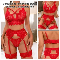 Conjunto de lencería de encaje (Blumer y ajustador)(Rojo)