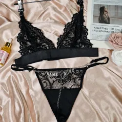 Conjunto de lencería Hilos con cadena + Ajustador de encaje NEGRO