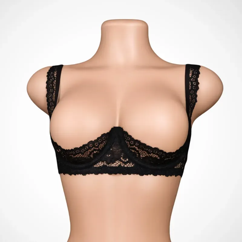 Conjunto de lenceria tanga de encaje cruzado + sujetador de encaje copa abierta color negro (PERSONALIZADO)
