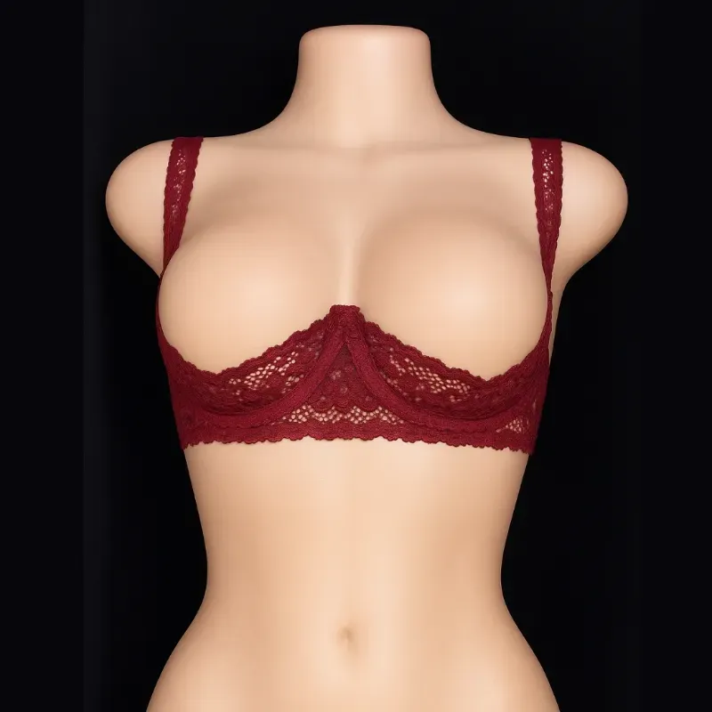 Conjunto de lenceria tanga de encaje cruzado + sujetador de encaje copa abierta color rojo (PERSONALIZADO)