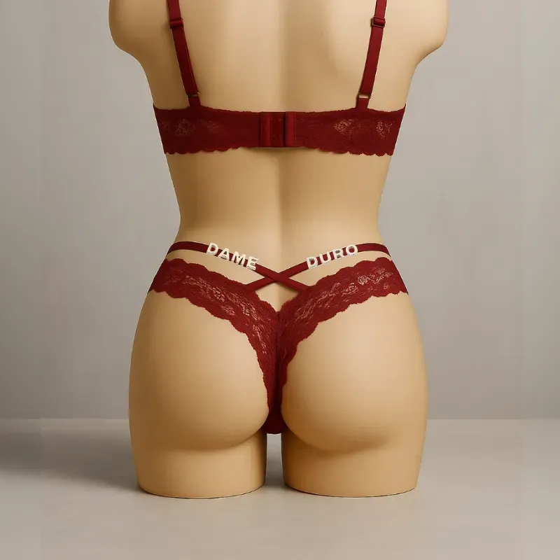 Conjunto de lenceria tanga de encaje cruzado + sujetador de encaje copa abierta color rojo (PERSONALIZADO)