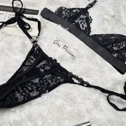 Conjunto de lenceria tanga de encaje estilo bikini+ Ajustador de encaje Negro