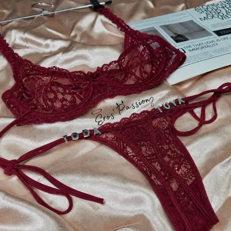 Conjunto de lenceria tanga de encaje estilo bikini+ Ajustador de encaje ROJO L