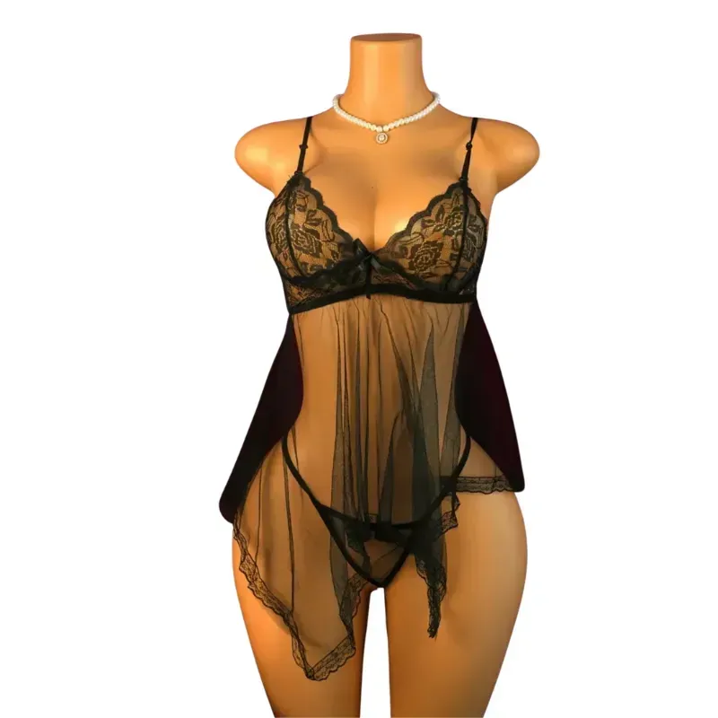 Pijama estilo vestido transparente + Tanga a juego Negro