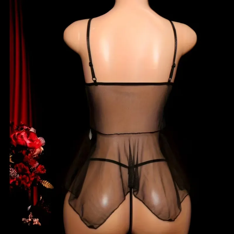 Pijama estilo vestido transparente + Tanga a juego Negro