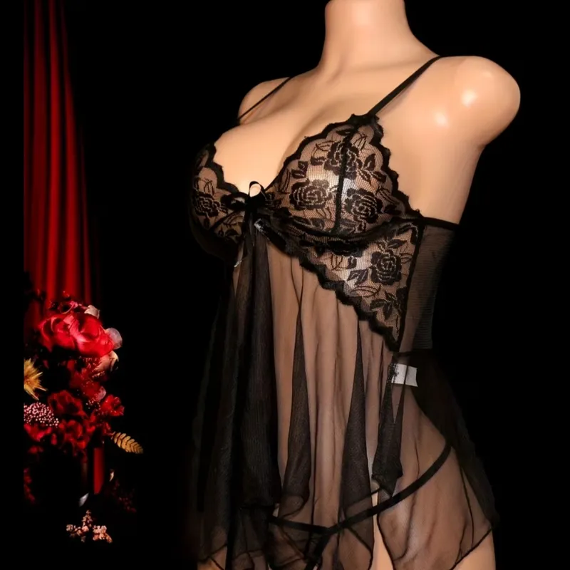 Pijama estilo vestido transparente + Tanga a juego Negro