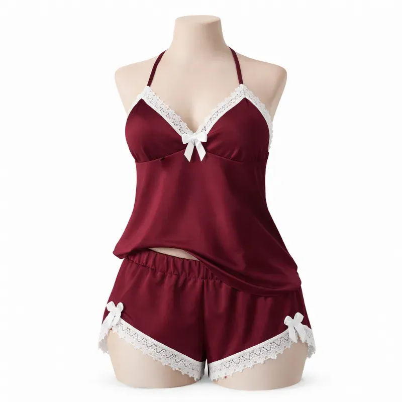 Pijama short y blusa vino de encaje blanco