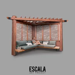 Pérgola de madera angular con sofa