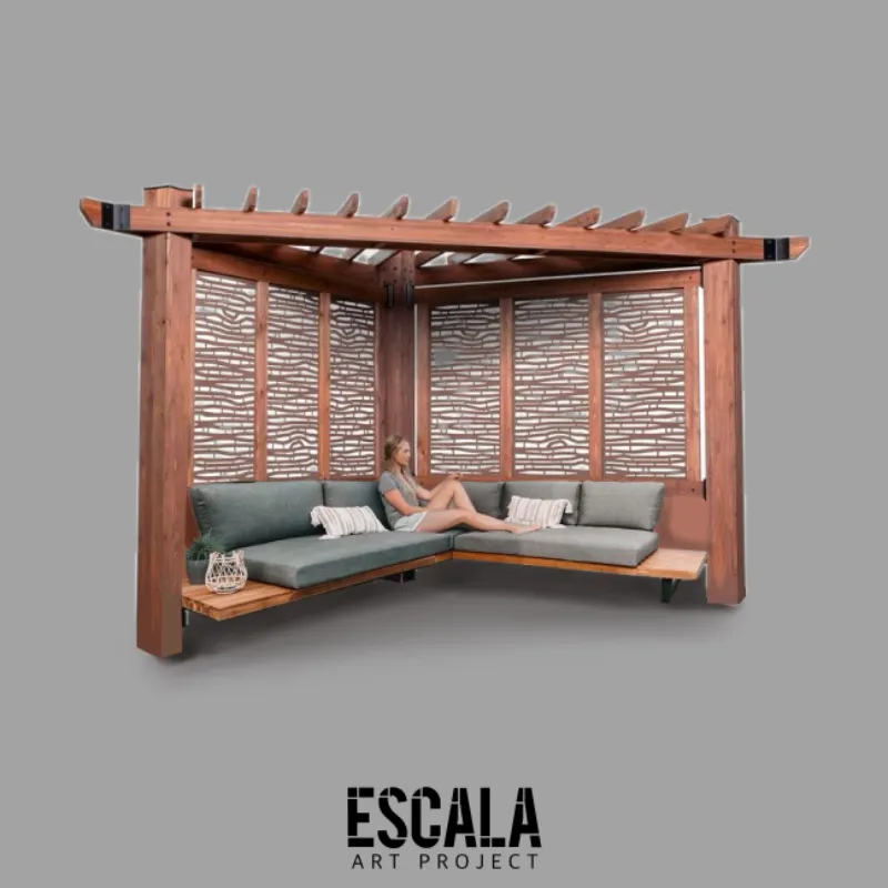 Pérgola de madera angular con sofa