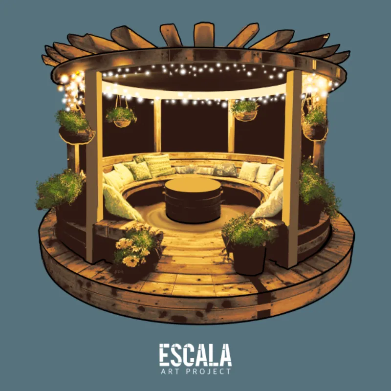 Pérgola de madera circular con sofá 
