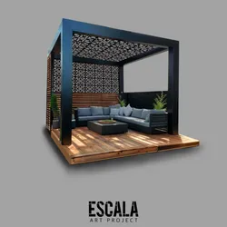 Pérgola de madera y sofás 