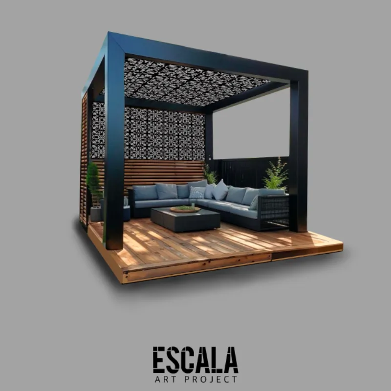 Pérgola de madera y sofás 