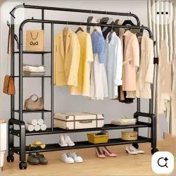 Percha de ropa doble con zapatera, organizador y ruedas