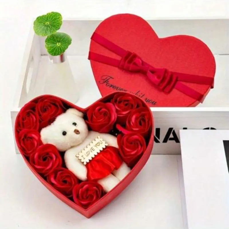 Caja de Regalo con Rosas y Peluche 