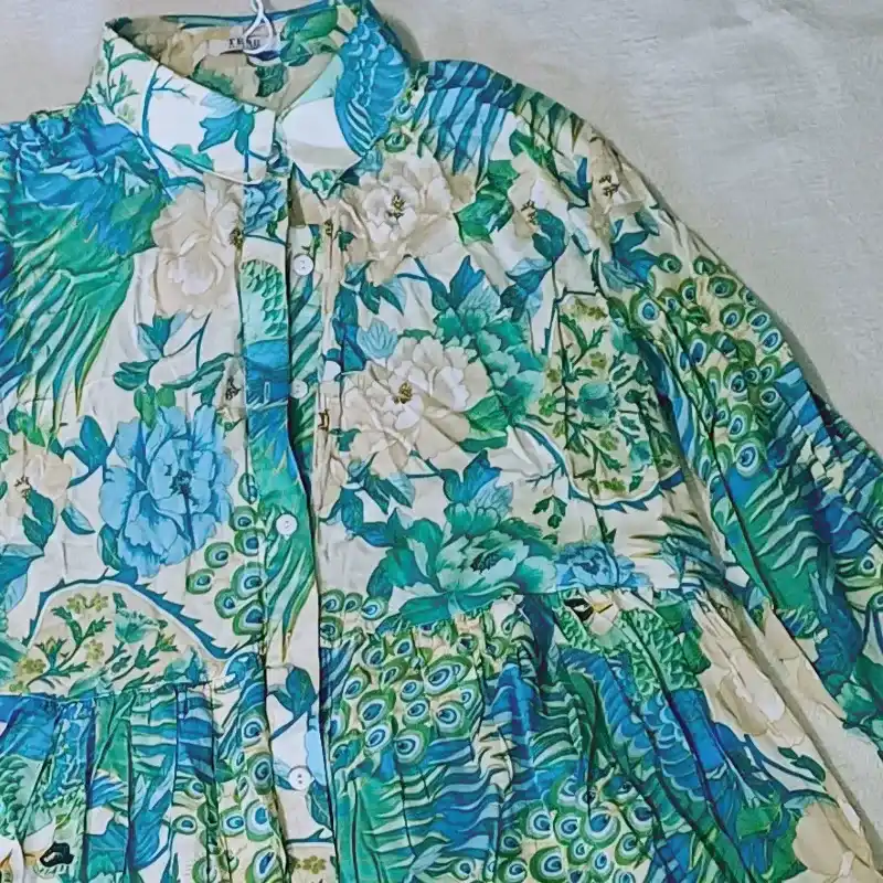 Vestido camisero can can estampado turquesa mangas largas