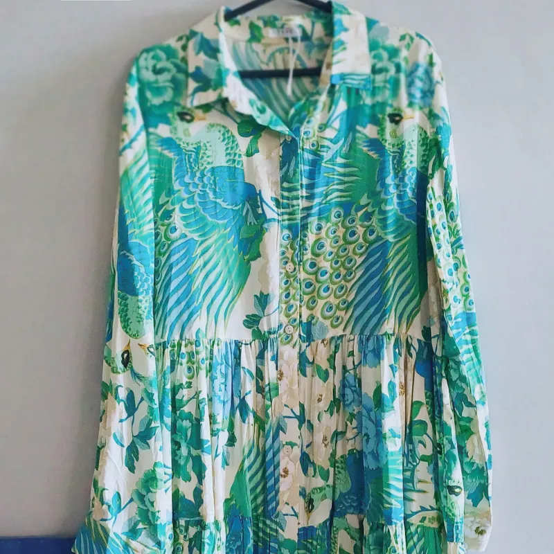 Vestido camisero can can estampado turquesa mangas largas