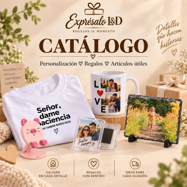 Negocio de impresión y sublimación que ofrece productos personalizados con calidad y creatividad. Puedes elegir entre tazas, camisetas, losas, piedras, cojines, llaveros y más, con diseños únicos y originales.
Disponible además servicio de cartelería y señalética, así como pegatinas, lonas, agendas, bolígrafos y flyers para la identidad visual de negocios privados y estatales a través de contratos.
Exprésalo L&D, Regala con exclusividad . 🎁