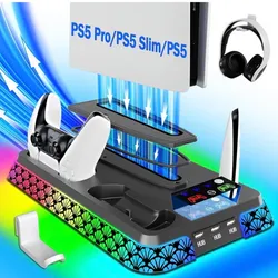 Base de carga con ventilador de refrigeración para consola PS5 Pro/Slim, estación de carga de controlador vertical con 9 luces RGB y gancho para auriculares y ventilador silencioso de 3