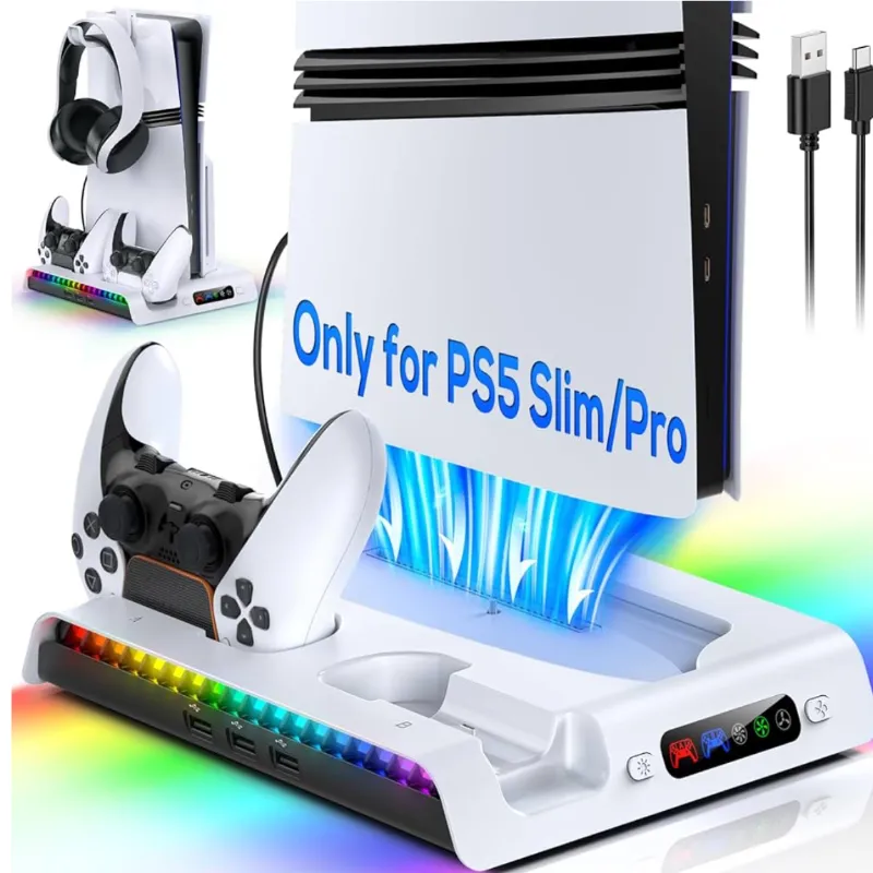 Base de carga con ventilador de refrigeración para consola PS5 Pro/Slim, estación de carga de controlador vertical con 9 luces RGB y gancho para auriculares y ventilador silencioso de 3