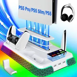 Base de carga con ventilador de refrigeración para consola PS5 Pro/Slim, estación de carga de controlador vertical con 9 luces RGB y gancho para auriculares y ventilador silencioso de 3