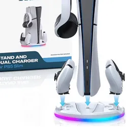 Soporte de consola vertical RGB con gancho para auriculares y carga de mandos para PlayStation 5