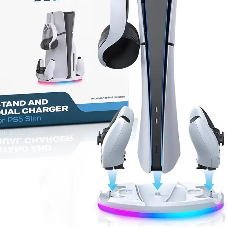 Soporte de consola vertical RGB con gancho para auriculares y carga de mandos para PlayStation 5