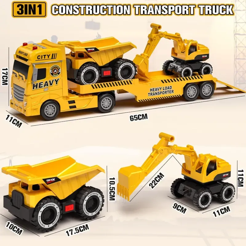 Camión Transportador + Excavadora y Volqueta 🚧 Juguete de Construcción con Sonido
