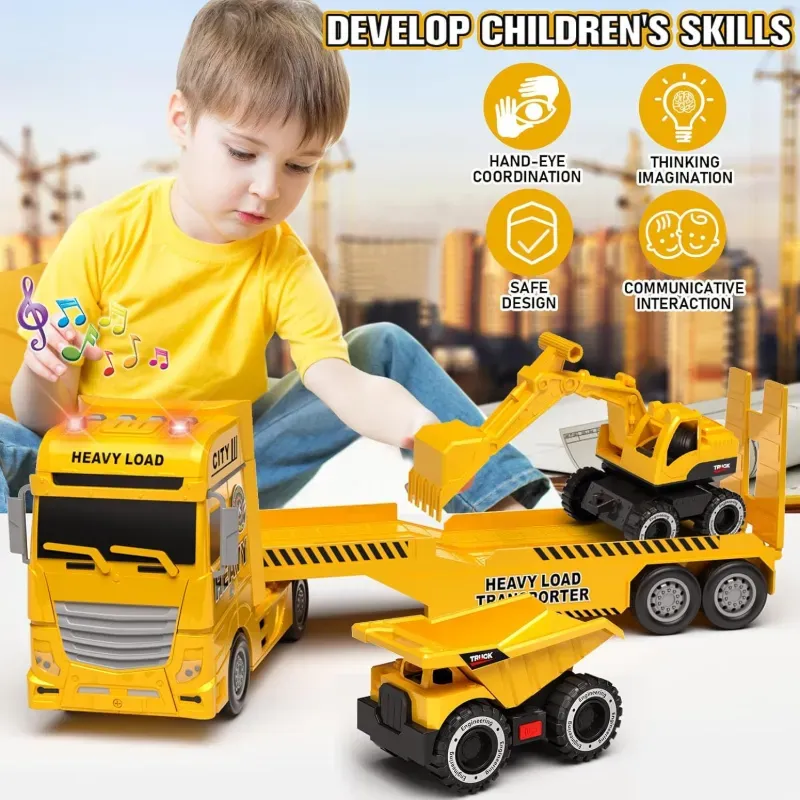 Camión Transportador + Excavadora y Volqueta 🚧 Juguete de Construcción con Sonido