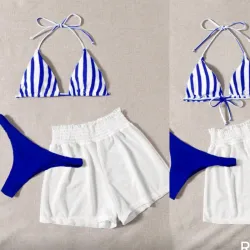 Bikini set 3 piezas color azul-blanco