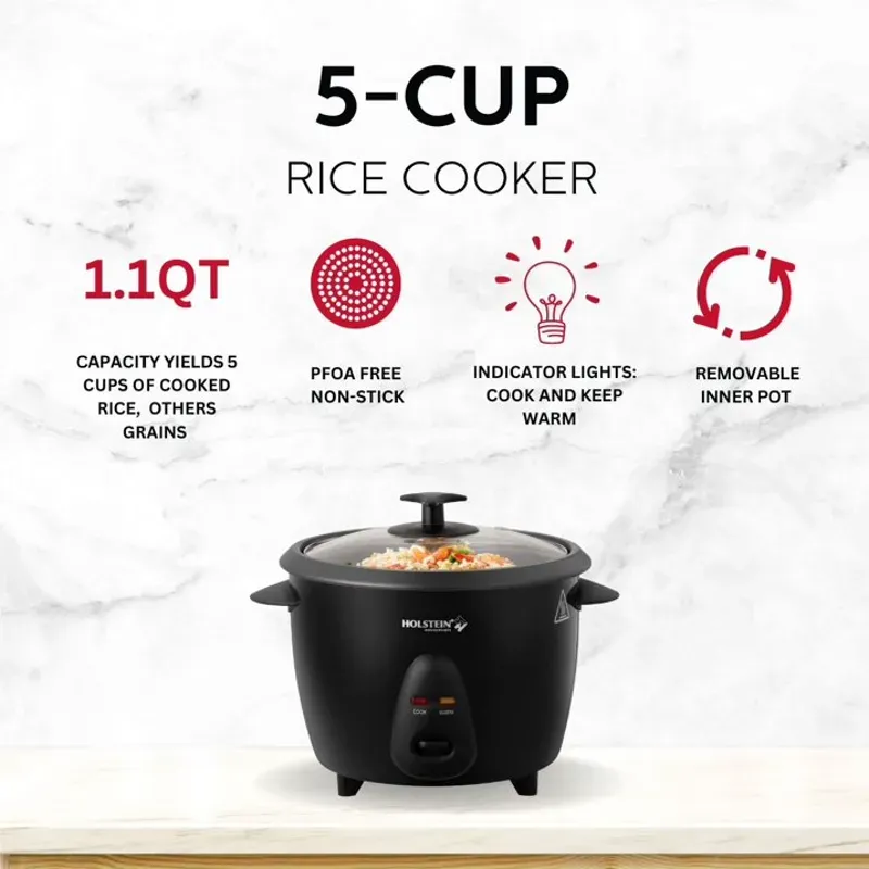 Holstein Housewares 5-Cup Rice Cooker, Black- Convenient and User Friendly with Warm and Cook Function, Ideal for Rice, Quinoa, Oatmeal, Stews and Grains