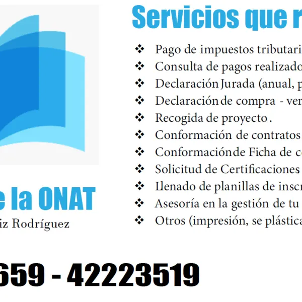 Se ofrece servicios de asesoramiento en la conformación de documentos y tramites en diferentes instituciones legales cumpliendo siempre con lo establecido según los decretos correspondientes. Tramites en la ONAT 
Tramites en Ministerio de Trabajo 
Tramites en el MINJUS
Asesoramiento en Contabilidad
Se imprimen  documentos.
Asesoría en PDL y MIPYMES

